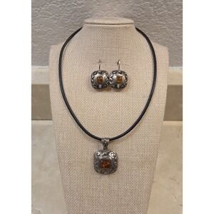 Vtg SILPADA Sterling Genuine Amber Earrings & Pendant 16" Necklace Scrollwork